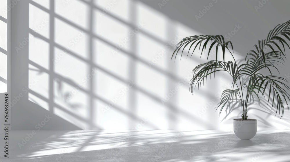 The background of a modern mockup is a shadow overlay effect with a sunlit window and gray shades of blinds on a white wall and floor with plants. The background of a modern mockup is a shadow overlay effect with a sunlit window and gray shades of blinds on a white wall and floor with plants.