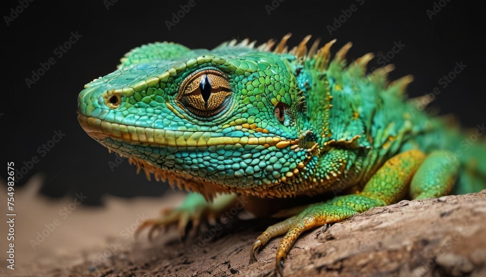  a close up of a green and yellow lizard on a tree branch with a black back ground in the background.