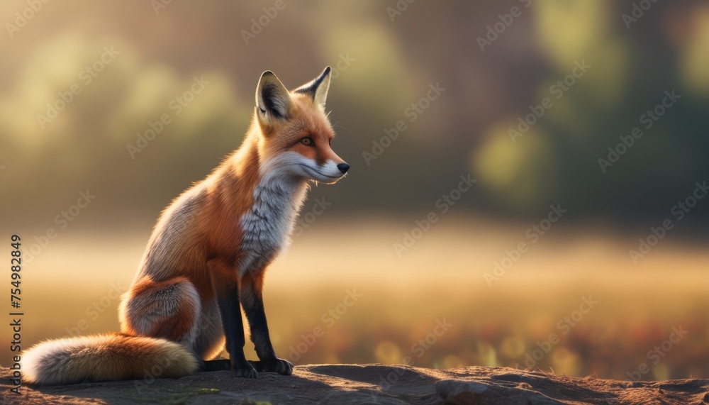  a red fox sitting on top of a dirt field next to a field of green and yellow grass with trees in the background.