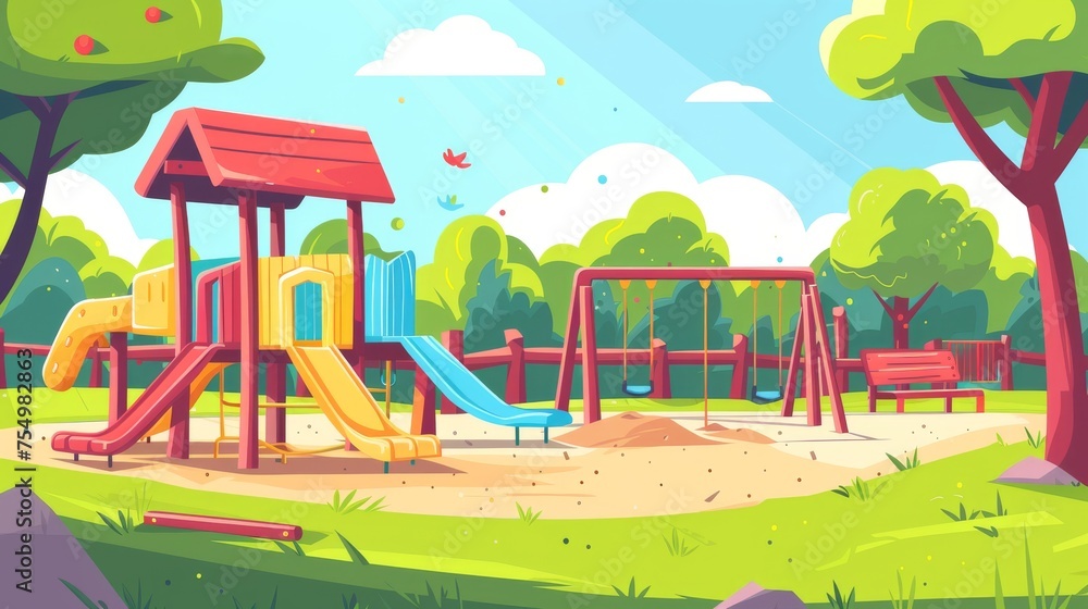 Children's playground at sunny weather, with slides, sandbox, and swings for recreation fun. Park, garden, or house backyard, kindergarten field. Cartoon modern illustration. Children's playground at sunny weather, with slides, sandbox, and swings for recreation fun. Park, garden, or house backyard, kindergarten field. Cartoon modern illustration.