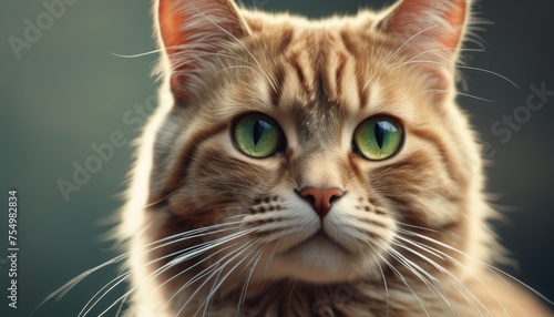  a close up of a cat's face with green eyes and whiskers on it's ears.