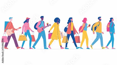 Diverse passersby walk, parcel delivery courier, businessman with coffee cup, schoolgirl, student, teenager with guitar and woman with shopping bags, modern illustration line art flat.