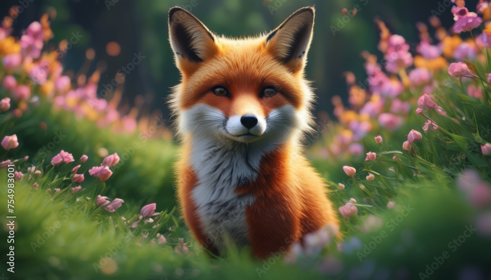 Fototapeta premium a close up of a fox in a field of flowers with a blurry background of pink and yellow flowers.