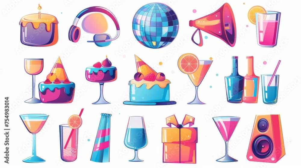 The disco ball, hats, cocktails and cake are part of the happy birthday party set. Isolated modern cartoon images of event or holiday celebration equipment, gifts, drinks, and music speakers. The disco ball, hats, cocktails and cake are part of the happy birthday party set. Isolated modern cartoon images of event or holiday celebration equipment, gifts, drinks, and music speakers.