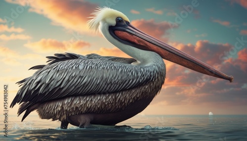  a pelican sitting on top of a body of water with a sky in the background and clouds in the sky.