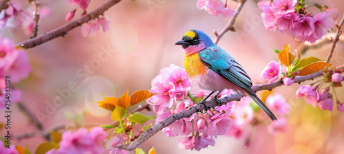 Colorful birds. Songbird in cherry blossoms photo