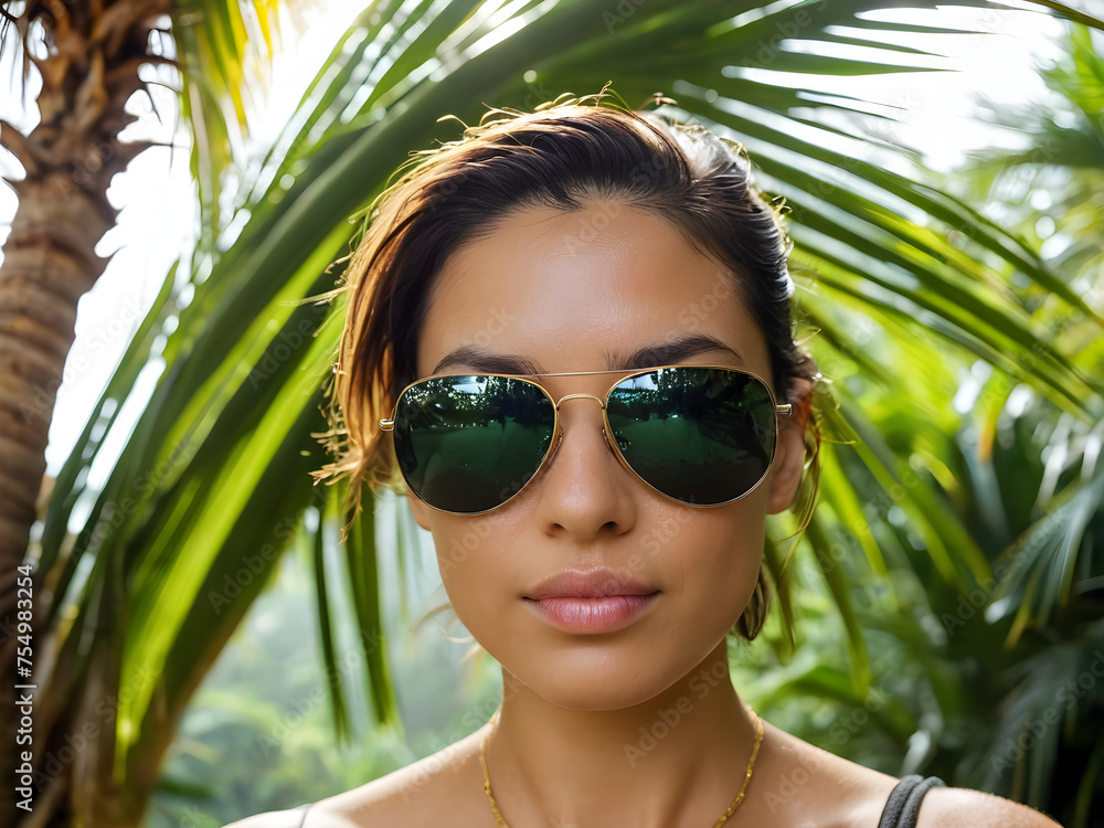 Woman Wearing Sunglasses Next to Palm Tree Woman Wearing Sunglasses Next to Palm Tree