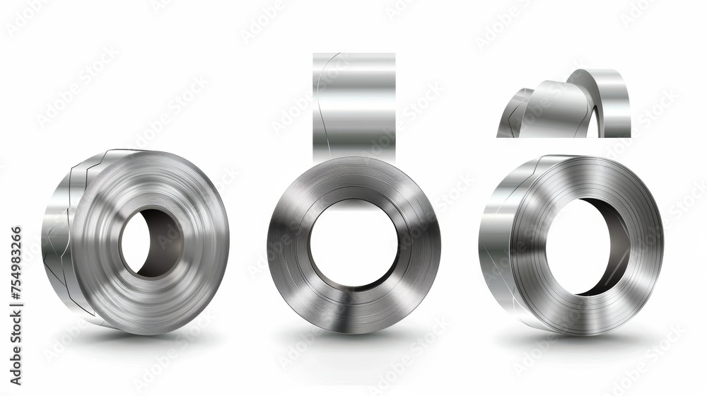 Metal, aluminum and tin sheet roll in front, top and angle views with modern realistic set. Metallurgy industry production. Metal, aluminum and tin sheet roll in front, top and angle views with modern realistic set. Metallurgy industry production.