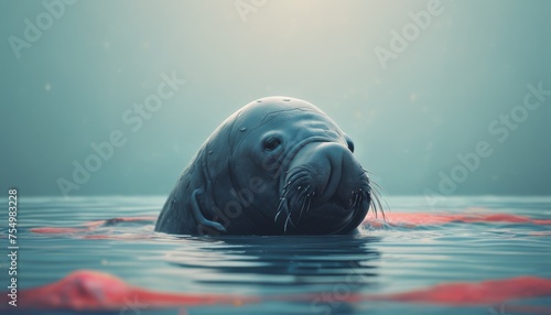  a close up of a seal in a body of water with it's head above the water's surface.