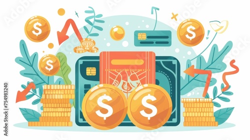The concept of refunding money after a purchase is shown in this web banner. Modern cartoon background supports a cash back offer landing page with gold coins, arrows, credit cards, percentages, and photo