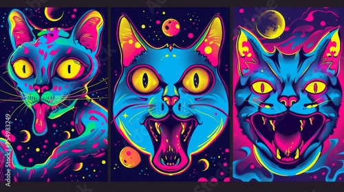 Modern cartoon hippie posters with druds  psychedelic rave trip party banner templates. Cat and martian with three eyes  mouth with tongue  acid backgrounds.