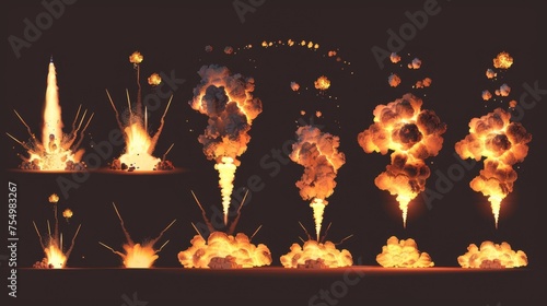The modern 2d cartoon set of blast effects from rockets or dynamite hits, isolated on black background, shows the blast effect from dynamite hits.