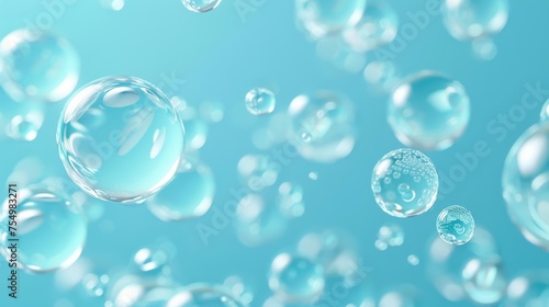 Blue aqua backdrop with water bubble spheres, template for advertising and eco-protection concept, realistic 3D modern illustration of liquid balls or drops.