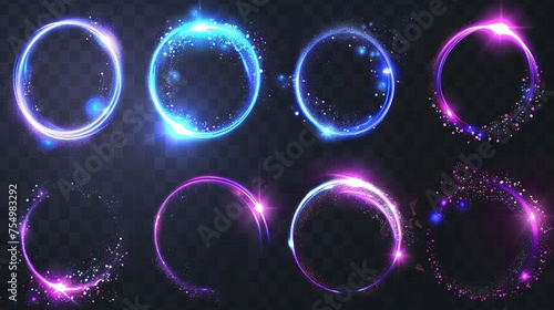 An image of a glow circle with sparkles, magic light effect, with a modern realistic set of blue and purple shiny rings, swirls, and a round frame of flare trail with glitter dust.
