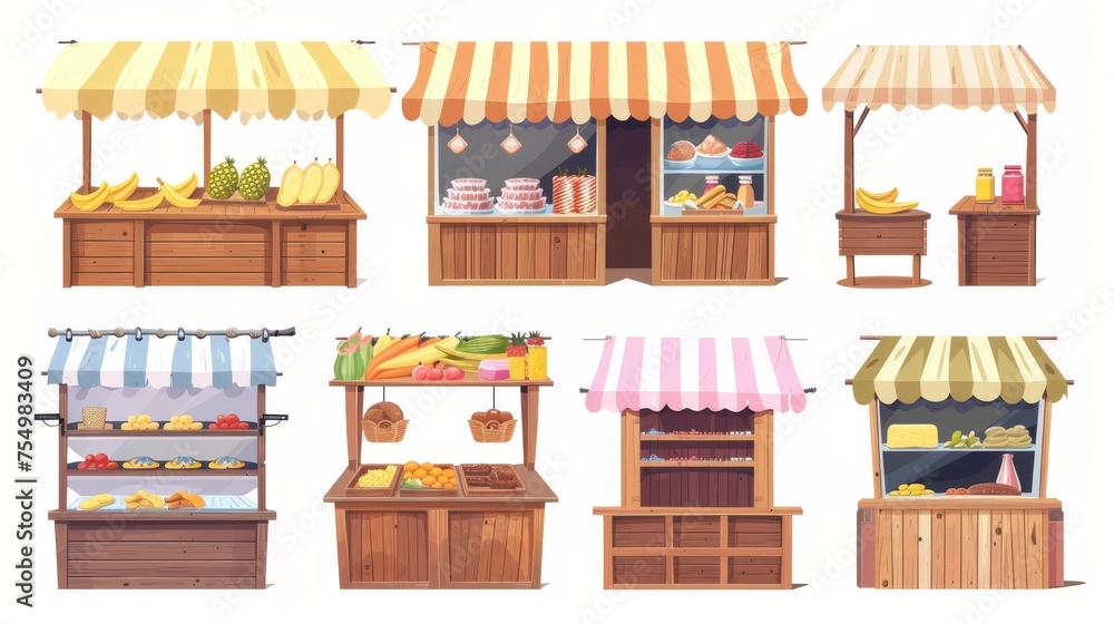 Market stalls, fair booths, wooden kiosks with striped awnings, clothes and food products. Wood vendor counters with sunshades for street trading, city retail buildings, cartoon illustration.