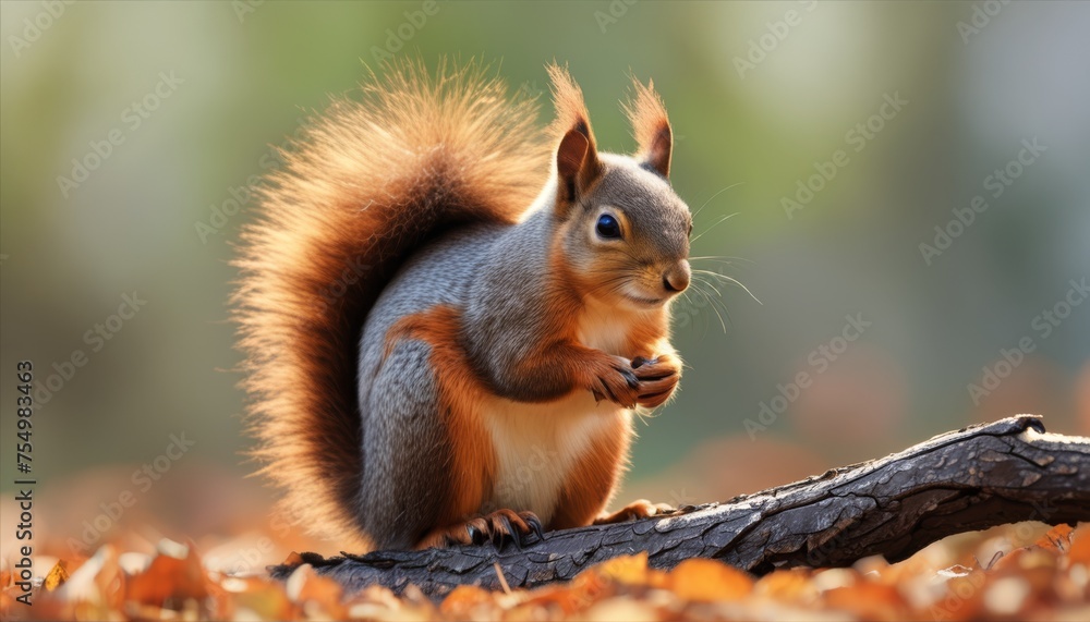  a close up of a squirrel on a tree branch with leaves in the foreground and a blurry background.