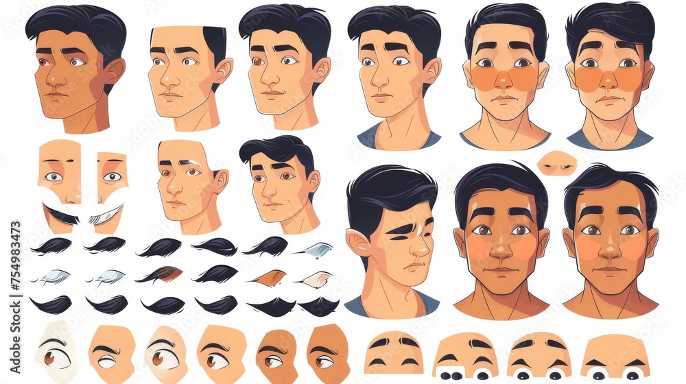 Face construction for Asian men with head parts isolated on white background. Modern cartoon set of male character eyes, noses, hairstyles, brows and lips. Face construction for Asian men with head parts isolated on white background. Modern cartoon set of male character eyes, noses, hairstyles, brows and lips.