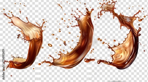 The liquid waves of brown water, whiskey or beer with drops and swirls are isolated over a transparent background. Modern realistic set of liquid waves of falling and flowing brown water, whiskey or