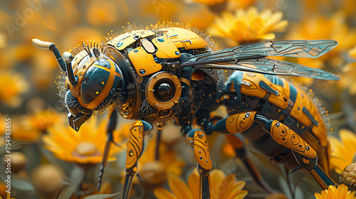 A futuristic robotic bee, designed for efficiency, becomes a mascot for modern, tech-driven agriculture.