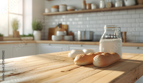 bread and ingredient for cooking on wood kitchen counter.healthy and food concepts background. homey and warm home design photo