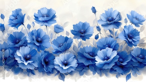 a bunch of blue flowers that are on a white and blue background with a white background and a blue flower on the right side of the picture.