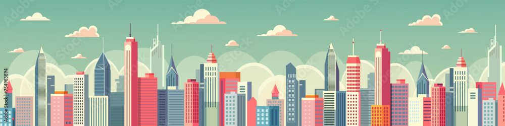 A city skyline with many tall buildings and a white background. The buildings are of different colors and heights, creating a sense of depth and perspective. . Vector illustration
