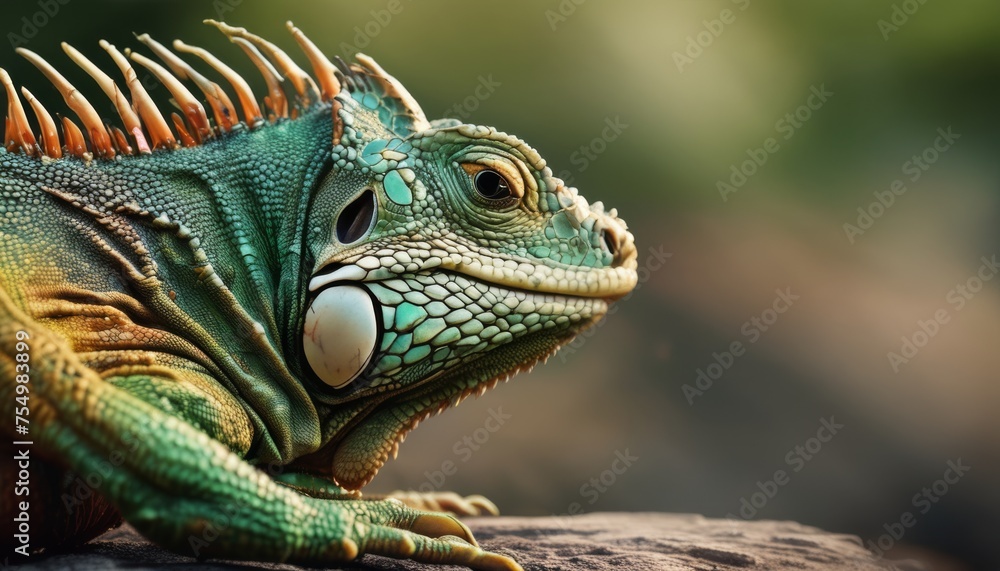  a close up of an iguana on a rock with a blurry backround in the background.
