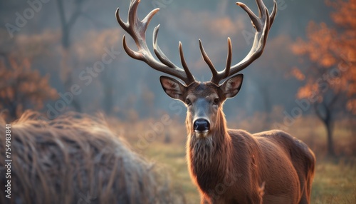  a close up of a deer with antlers on it's head in a grassy area with trees in the background. photo