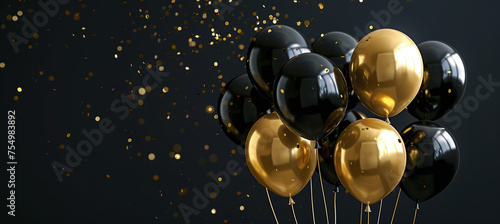 bright, shiny balloons of gold and black, colors, confetti, black background