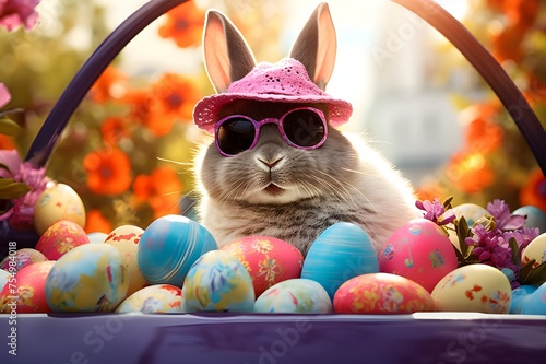 Cute Easter Bunny with sunglasses looking out of a car filed with easter eggs