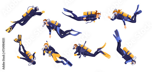 Scuba diving preparing for immersion on bottom of sea. Set of female and male divers in various positions. Concept of exploration and development. Isolated on white background. Vector illustration