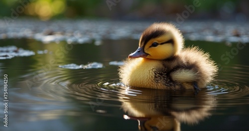 Illustrate a scene where a cute little duckling is by the edge of a rippling pond. Capture the ultra-realistic details of the duckling's wet feathers, the reflections in the water-AI Generative
