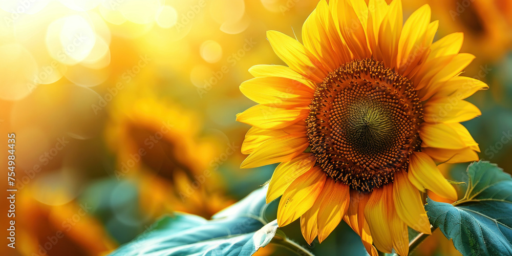 Naklejka premium Beautiful Sunflower Field with Bright Sun on a Summer Day, Nature Background with Vibrant Yellow Flowers and Blue Sky