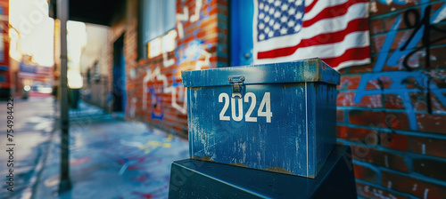 blue ballot box with 2024 inscription and american flag photo