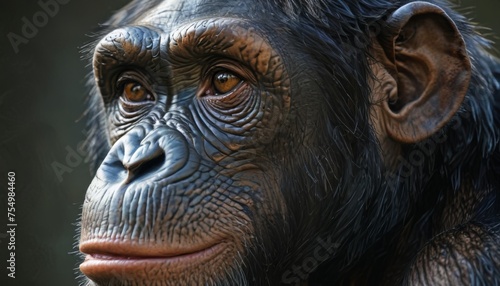  a close up of a chimpan's face with a serious look on the face of the chimpan.