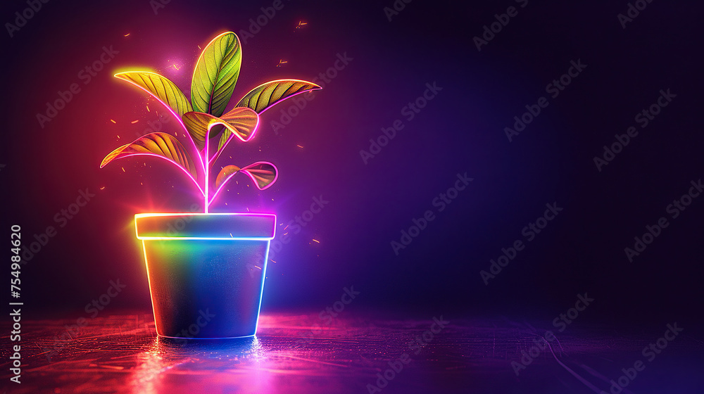 glowing neon light effect plant in apot , bright advertising design element, plant logo light signboard banner for botanists, labs, garden, nursery, plant shop - obrazy, fototapety, plakaty 