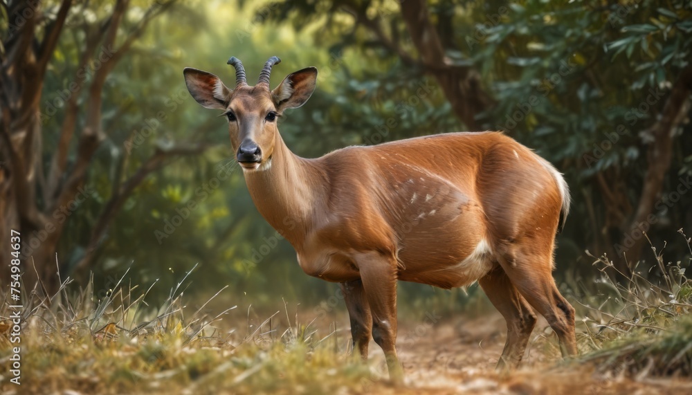 a deer standing in the middle of a forest with tall grass and trees in the background, looking at the camera. a deer standing in the middle of a forest with tall grass and trees in the background, looking at the camera.