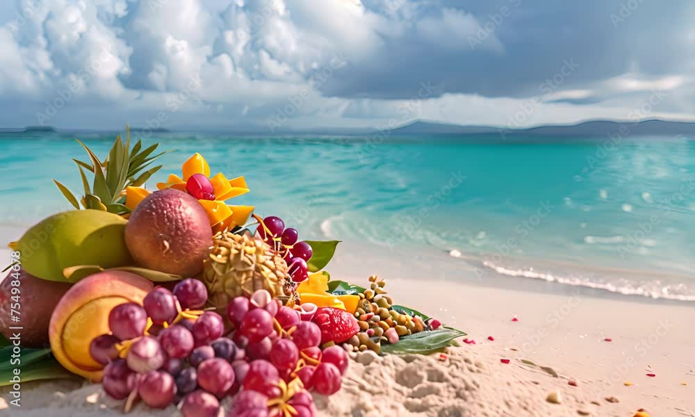 Tropical fruits on a sandy beach with crystal clear water. The concept of relaxation and summer mood. Tropical fruits on a sandy beach with crystal clear water. The concept of relaxation and summer mood.