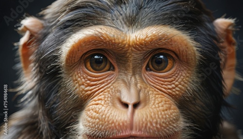  a close up of a monkey's face with a blurry look on it's face and a black background.