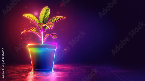 glowing neon light effect plant in apot , bright advertising design element, plant logo light signboard banner for botanists, labs, garden, nursery, plant shop photo