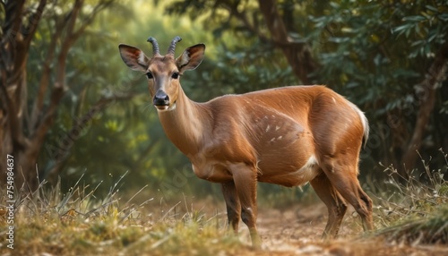  a deer standing in the middle of a forest with tall grass and trees in the background  looking at the camera.