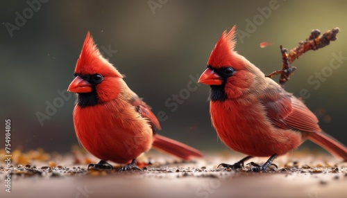  a couple of red birds standing next to each other on top of a dirt ground next to a twig. © Velko