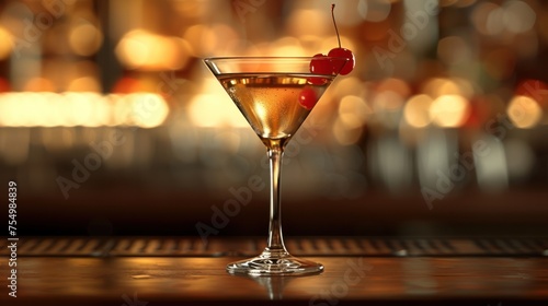 a close up of a martini glass with a cherry on the rim and a blurry bar in the background.