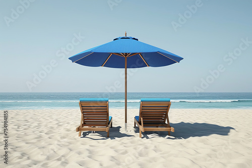 Two wooden sunbeds and umbrella on sandy beach with turquoise sea. Wooden beach umbrellas and orange colored beach lounge chairs at a beach