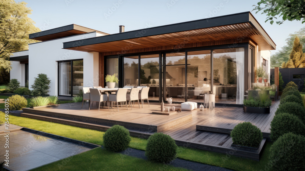 Fototapeta premium timber pool deck on modern home terrace