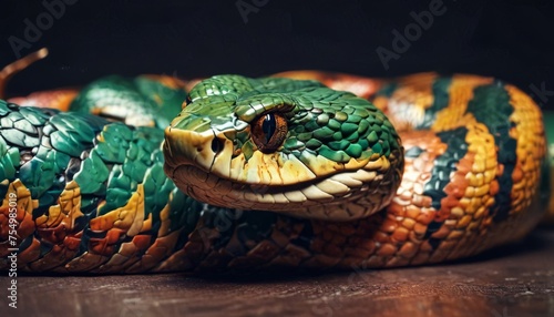  a close up of a green and yellow snake on a wooden surface with its mouth open and it's tongue out. photo