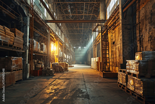 Interior of a modern warehouse storage of retail shop with pallet truck near shelves. Huge distribution warehouse with high shelves and loaders. Bottom view.