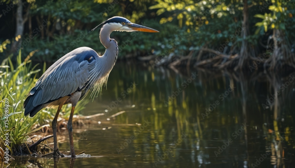 a bird with a long neck standing in a body of water with trees in the back ground and grass in the foreground. a bird with a long neck standing in a body of water with trees in the back ground and grass in the foreground.