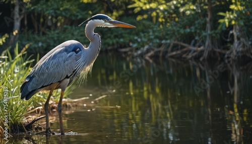  a bird with a long neck standing in a body of water with trees in the back ground and grass in the foreground.