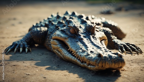  a close up of an alligator s head laying on the ground with it s mouth open and it s eyes closed.